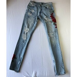 Young & Reckless Rose Embroidered Jeans Mens 28 Light Wash Distressed Zip Ankle